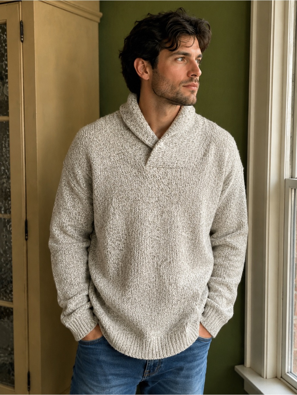 L.L. Bean Vintage Wool Blend Shawl Collar Sweater Mens Size L Made In USA Unisex